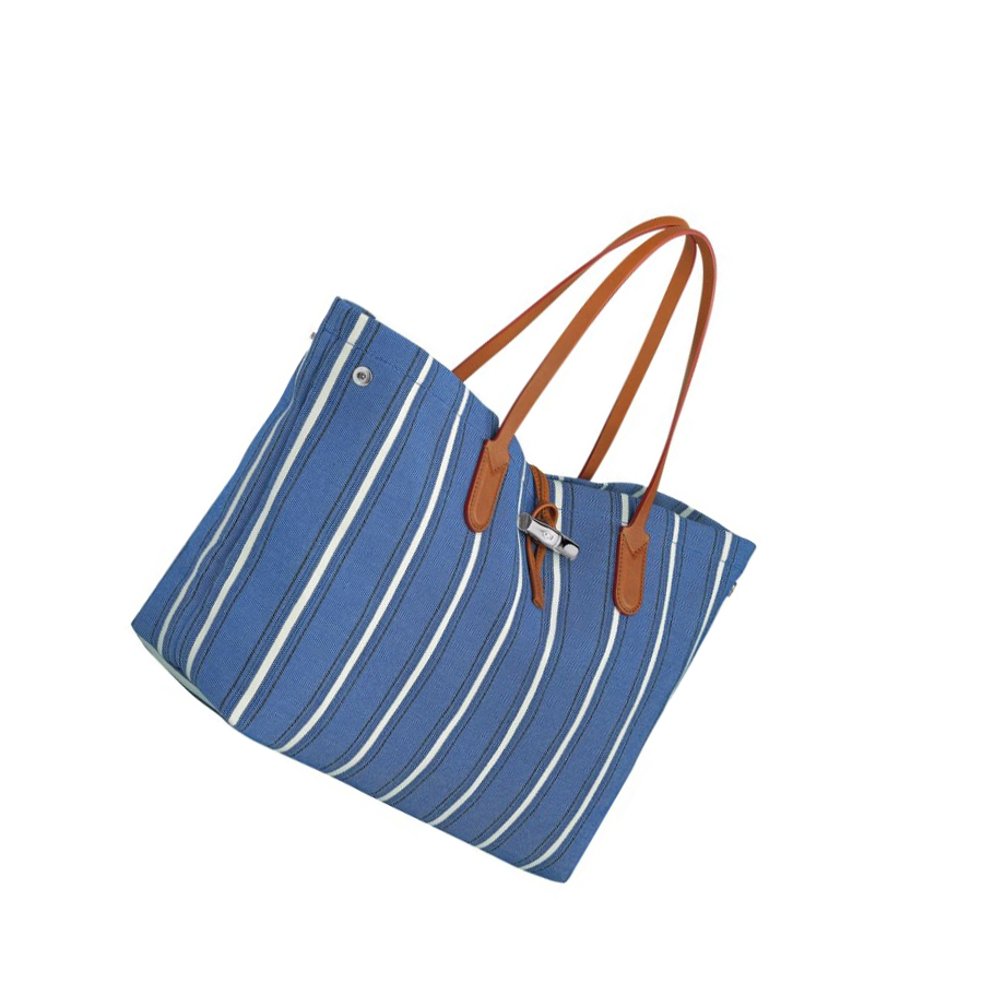 Bolsa De Hombro Longchamp Roseau Essential Rayé L Mujer Azules | ES-OKYA049