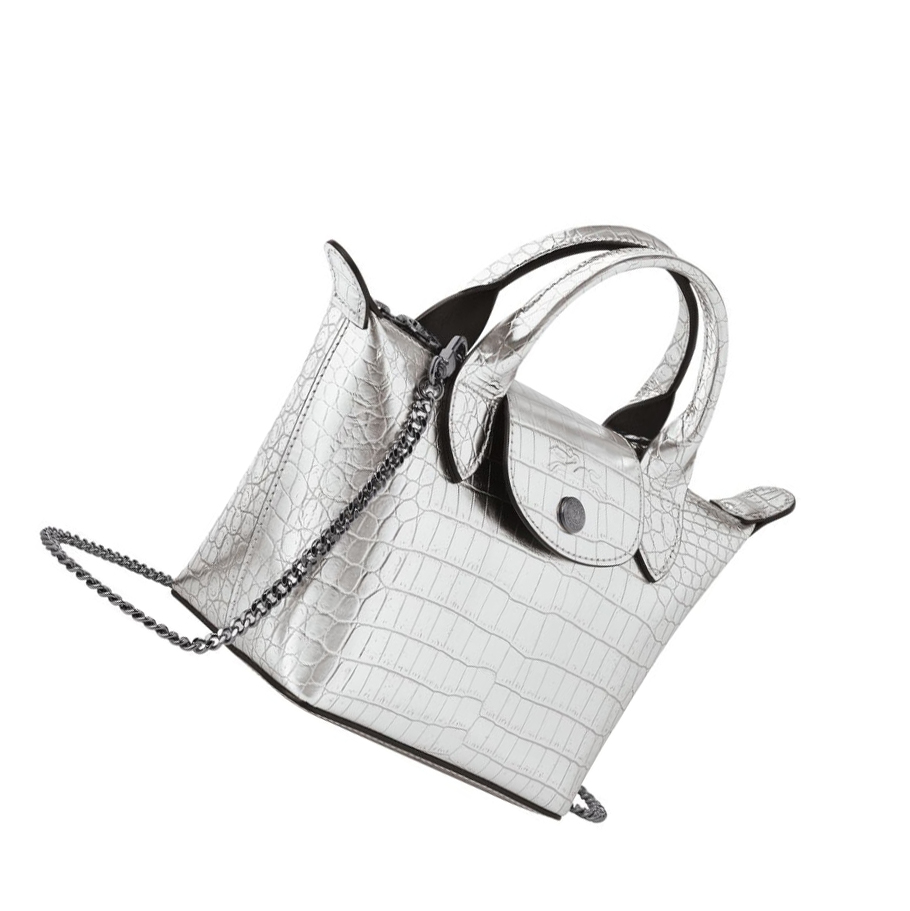 Bolsas De Mano Longchamp Le Pliage Cuir Croco XS Mujer Plateadas | ES-XHAY092