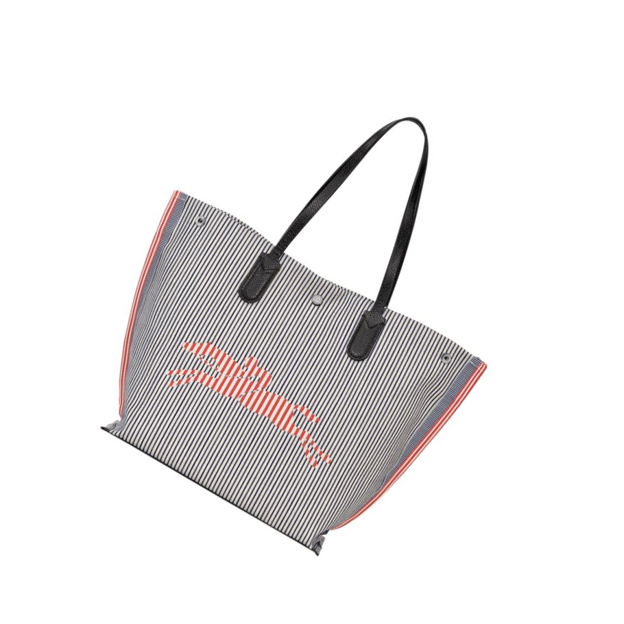 Bolsos Shopper Longchamp Roseau Essential Rayé L Mujer Azul Marino | ES-XNBD614